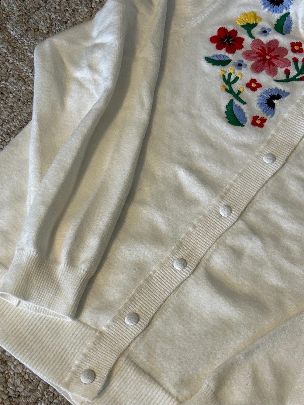 Marled White Floral Embroidered Button-Up Sweater Cardigan Medium - Picture 5 of 10